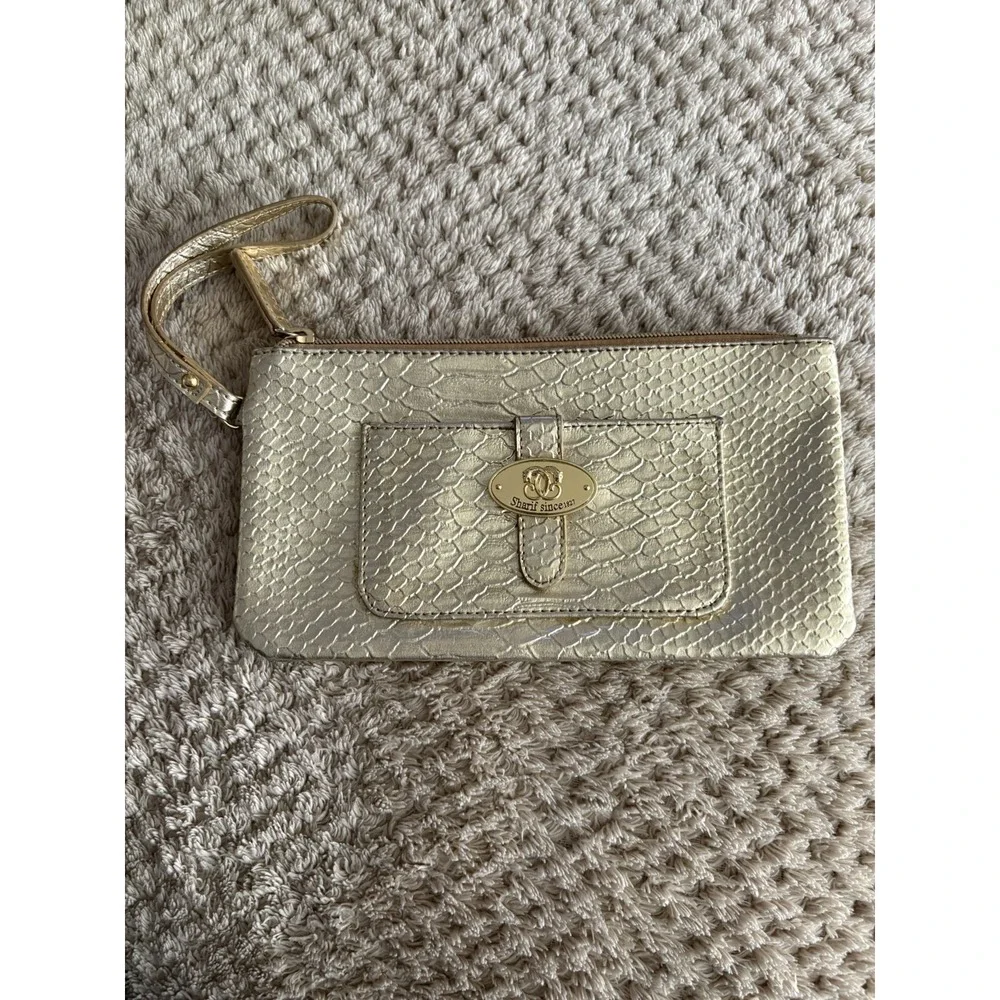 Sharif Gold Croc Embossed Makeup Bag/Clutch Wrist Strap Evening Bag
